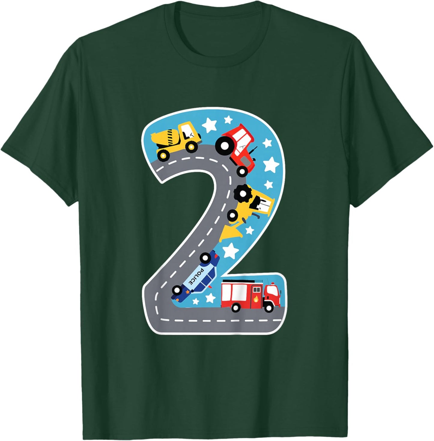 Boys Construction Machines Fire Brigade Police 2nd Birthday T-Shirt - T-Shirt | Forest