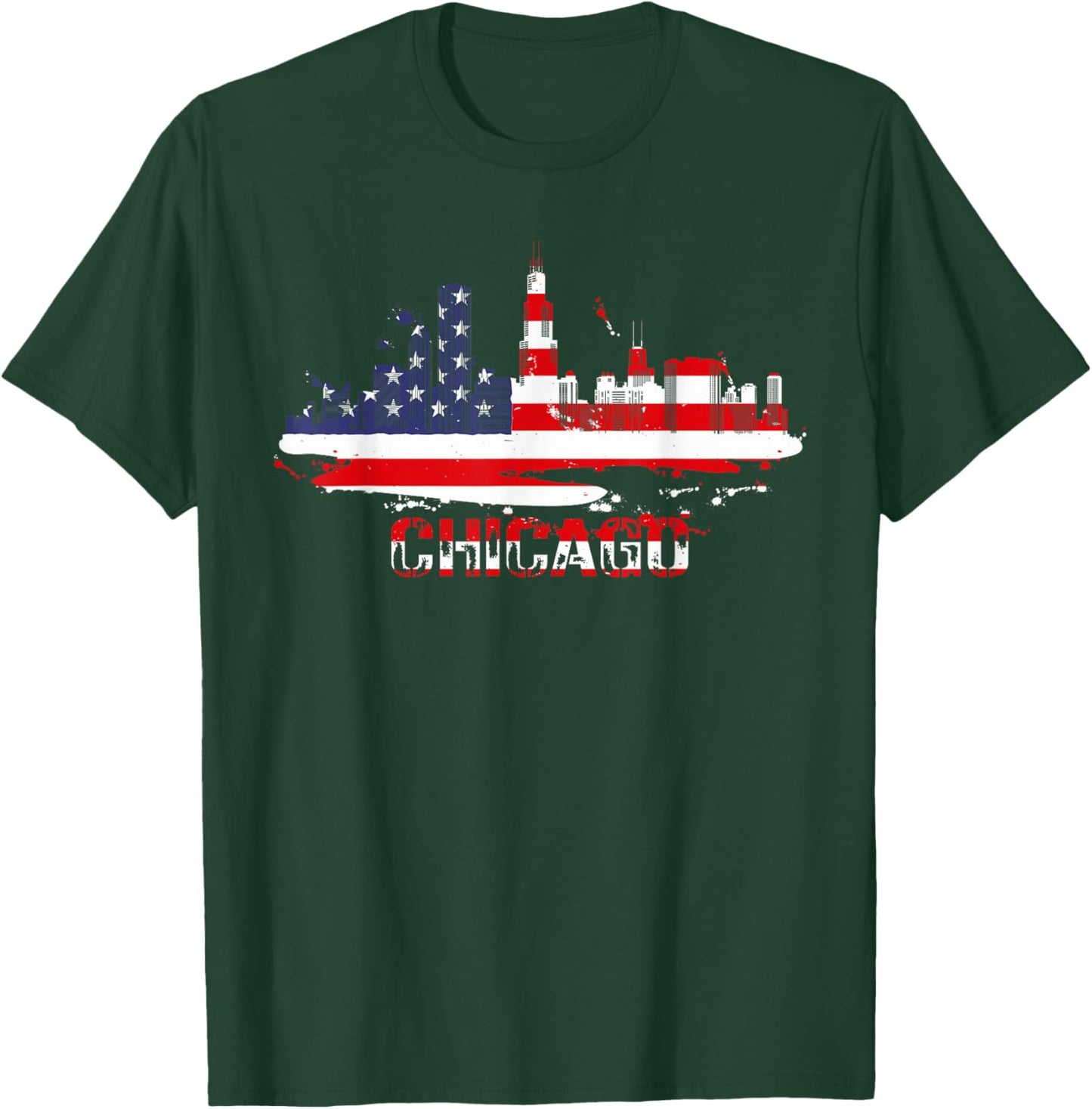 USA American Flag Cityscape - Chicago Illinois Skyline T-Shirt - T-Shirt | Forest