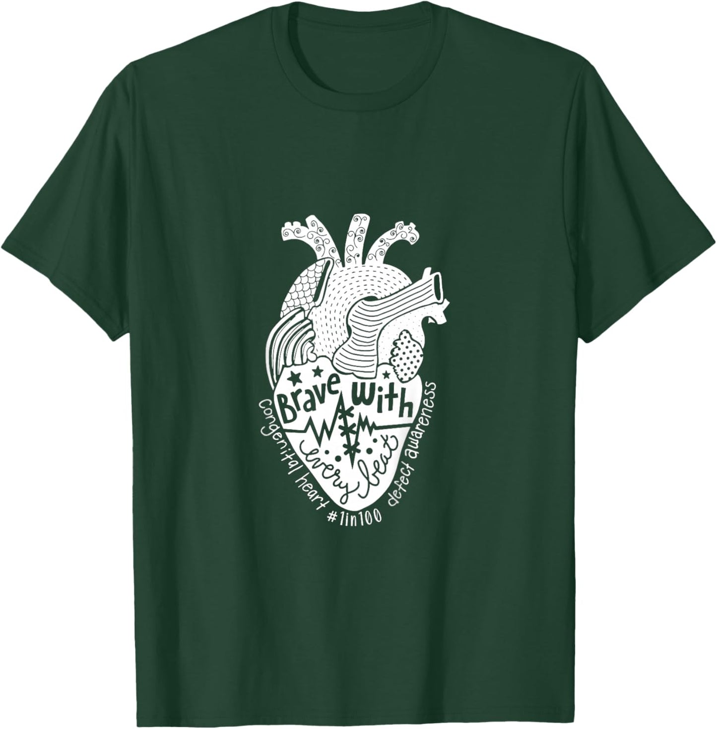 Kids Brave With Every Beat Congenital Heart Warrior 1 In 100 CHD T-Shirt - T-Shirt | Forest