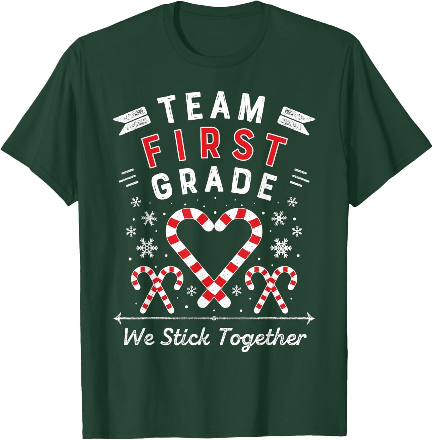 Team First Grade Christmas Candy Cane Heart 1st Xmas Teacher T-Shirt - T-Shirt | Forest