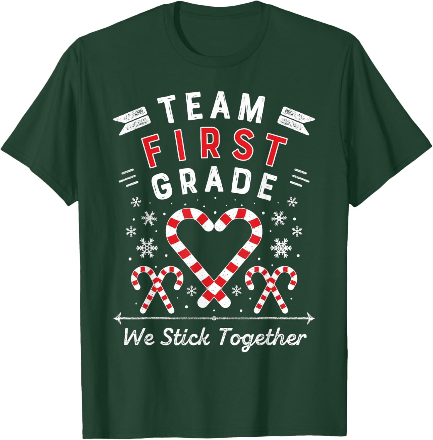 Team First Grade Christmas Candy Cane Heart 1st Xmas Teacher T-Shirt - T-Shirt | Forest