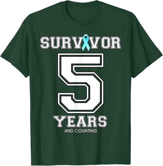 5 Years Ovarian Cancer Survivor Teal Ribbon Gift T-Shirt - T-Shirt | Forest