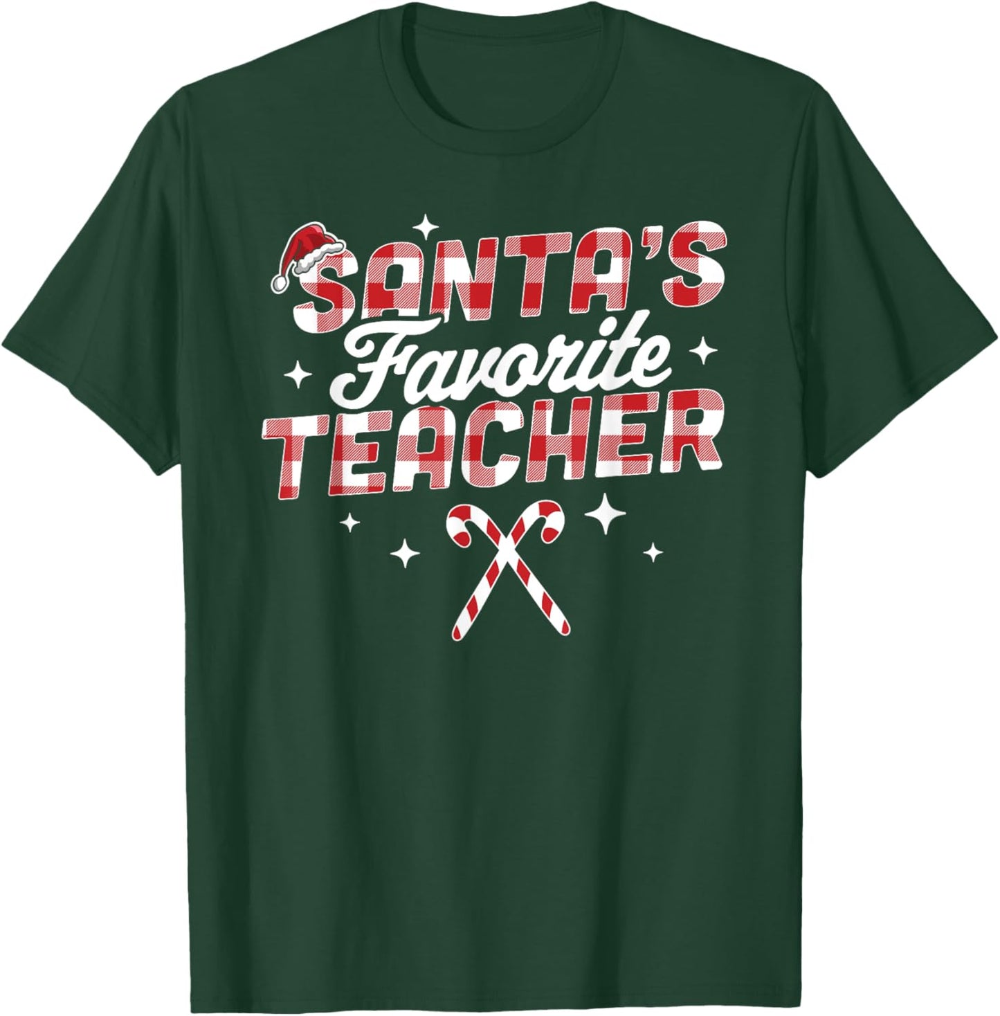 Santa's Favorite Teacher Christmas Santa Hat Candy Cane Xmas T-Shirt - T-Shirt | Forest