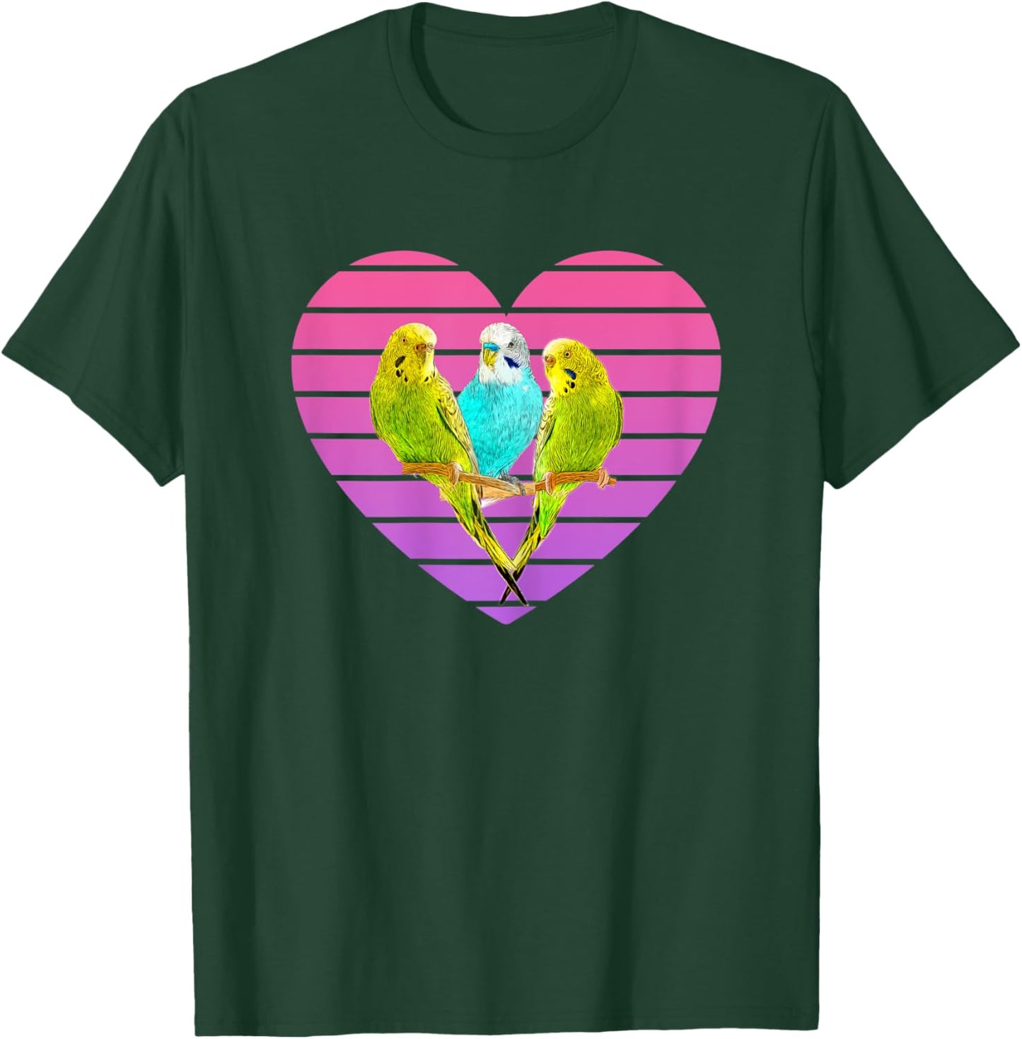 Three Parakeets Inside a Retro Sunset Style Heart T-Shirt - T-Shirt | Forest