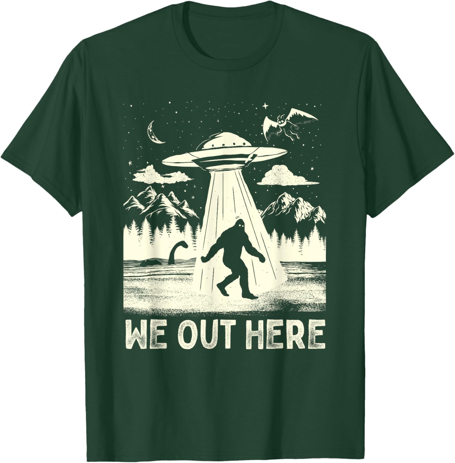 We Out Here Funny Bigfoot Mothman Cryptid UFO Abduction T-Shirt - T-Shirt | Forest