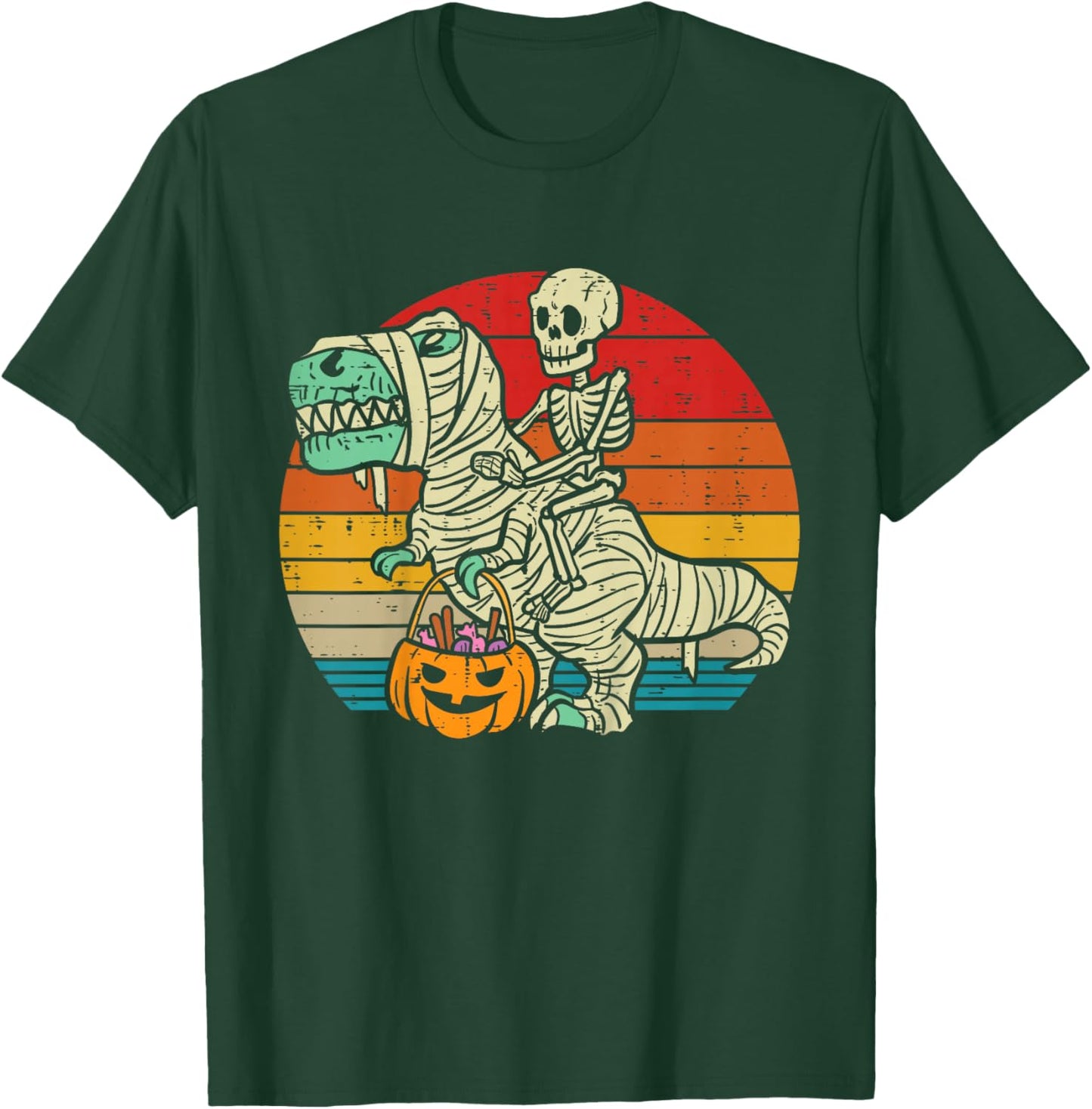 Kids Skeleton Riding Dino Mummy Retro Toddler Boys Halloween Kids T-Shirt - T-Shirt | Forest