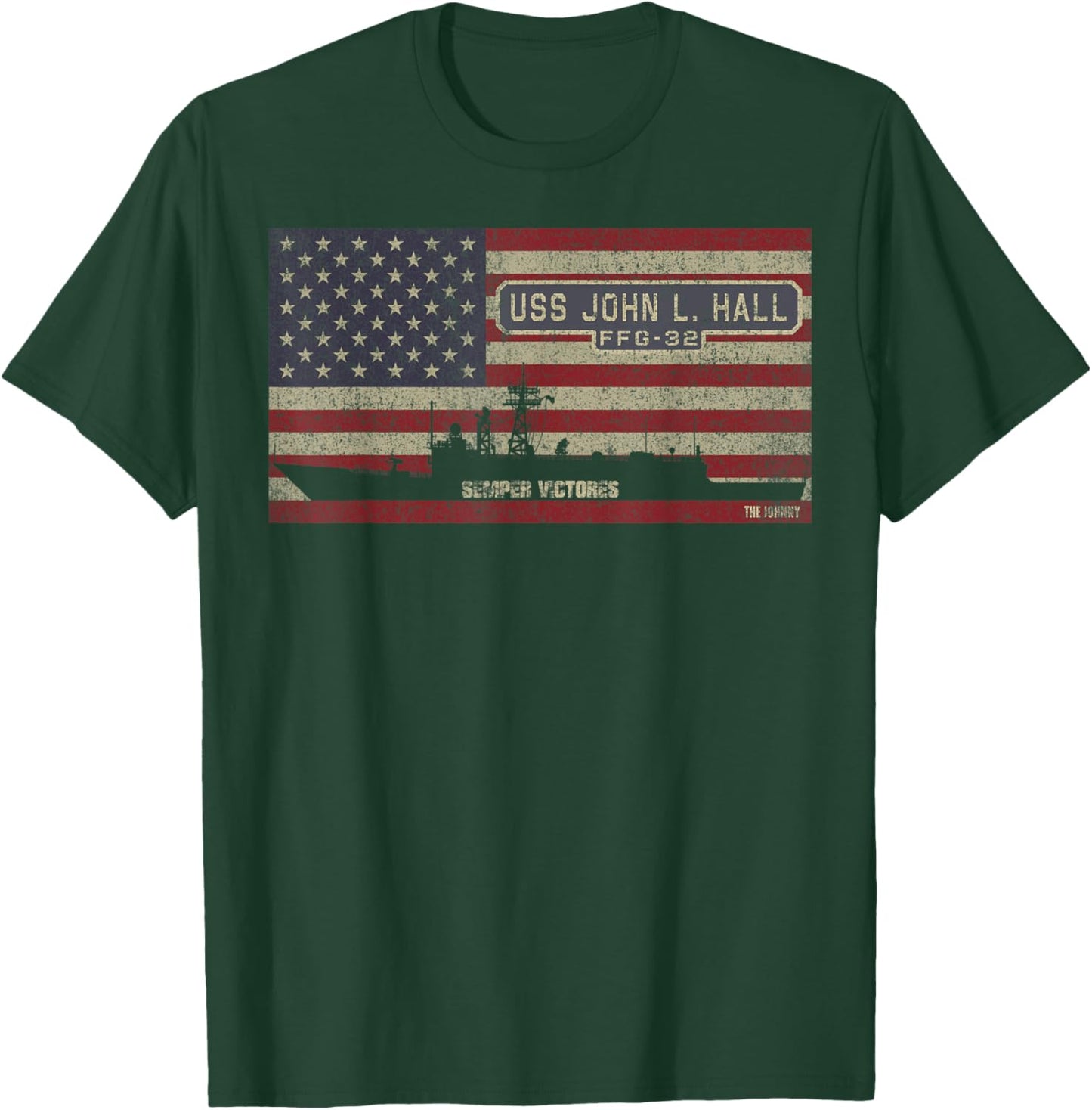 USS John L Hall FFG-32 Frigate Ship USA American Flag T-Shirt - T-Shirt | Forest