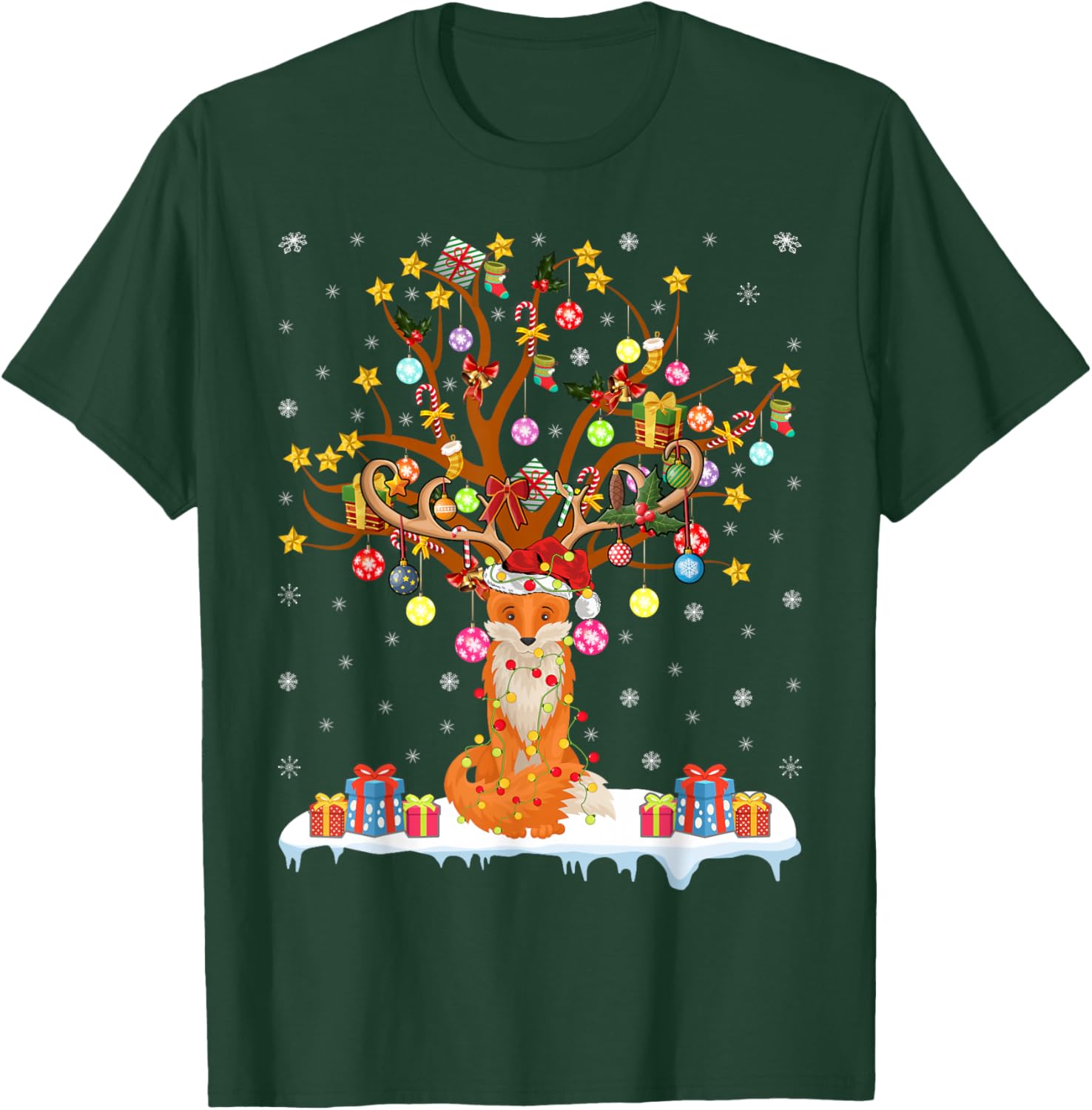 Fox Xmas Lighting Tree Santa Fox Christmas Tree T-Shirt - T-Shirt | Forest
