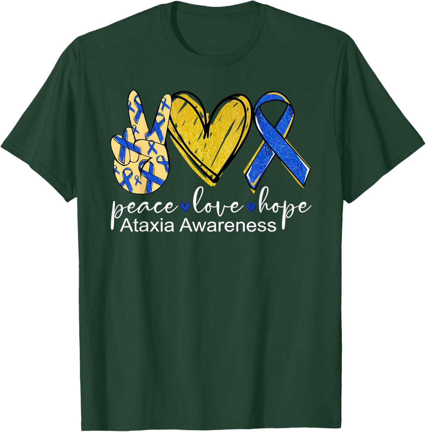 Peace Love Hope Ataxia Awareness Shirt Blue Ribbon T-Shirt - T-Shirt | Forest