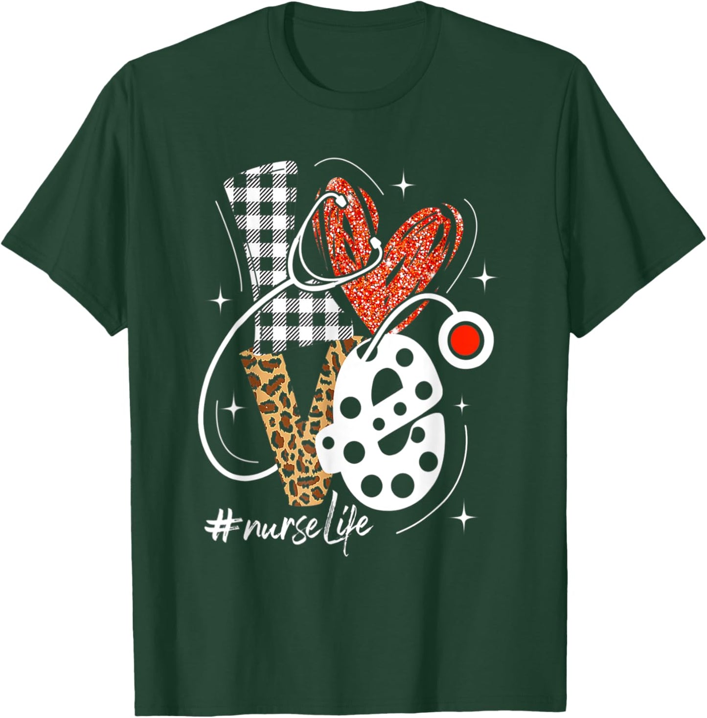 Nurse Life RN LPN CNA Healthcare Cheetah Heart Leopard Funny T-Shirt - T-Shirt | Forest