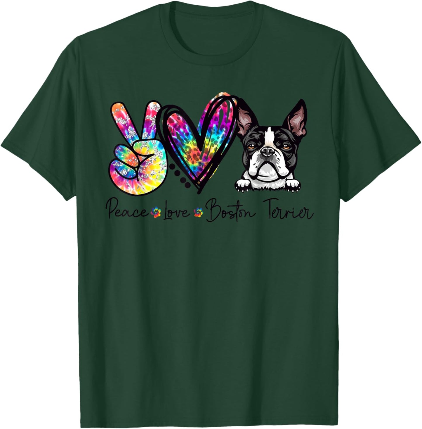 Peace Love Boston Terrier Funny Tie Dye Dog Lovers Women Girls Kids T-Shirt - T-Shirt | Forest