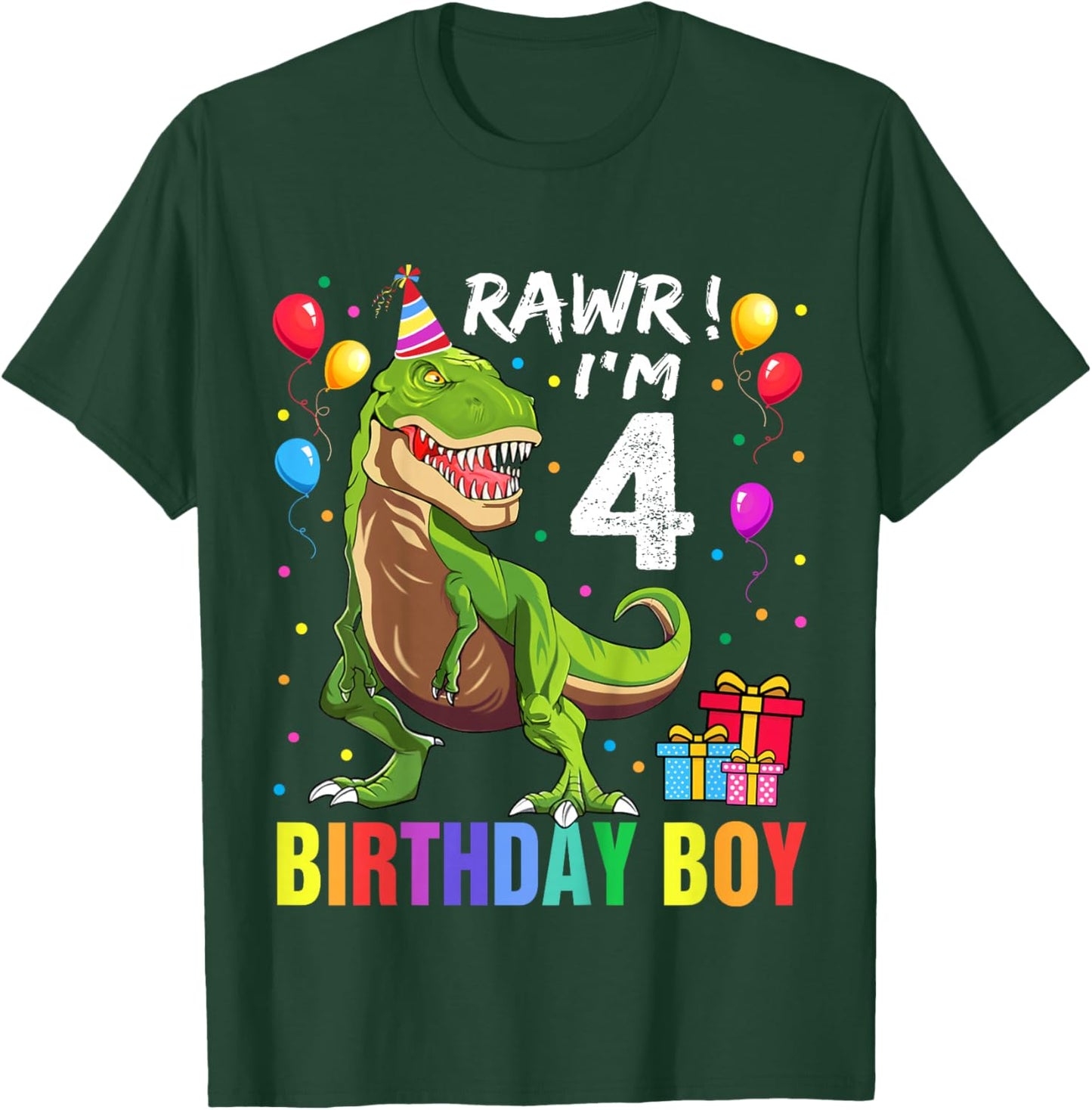 Kids 4 Year Old 4th Birthday Boy T Rex Dinosaur T-Shirt - T-Shirt | Forest