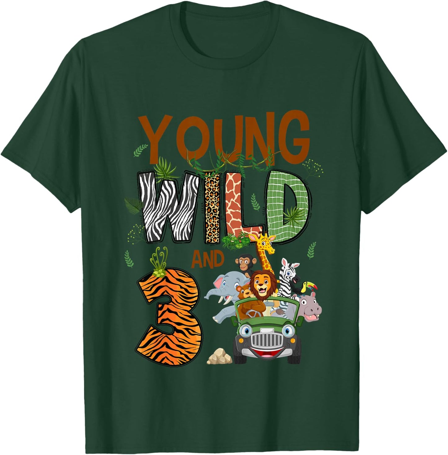 Kids Young Wild And Three 3 Yrs Old Safari Jungle Zoo 3rd B-day T-Shirt - T-Shirt | Forest