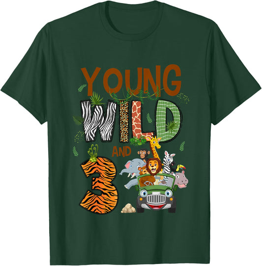 Kids Young Wild And Three 3 Yrs Old Safari Jungle Zoo 3rd B-day T-Shirt - T-Shirt | Forest