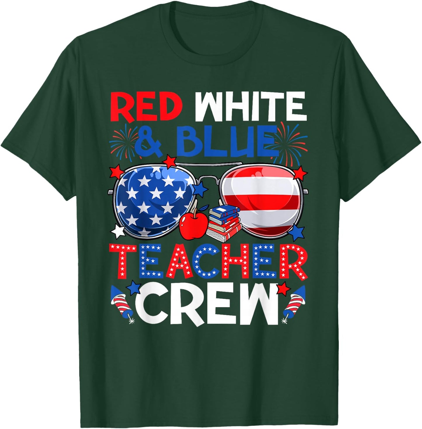 4th of July Red White & Teacher Crew American Flag T-Shirt - T-Shirt | Forest