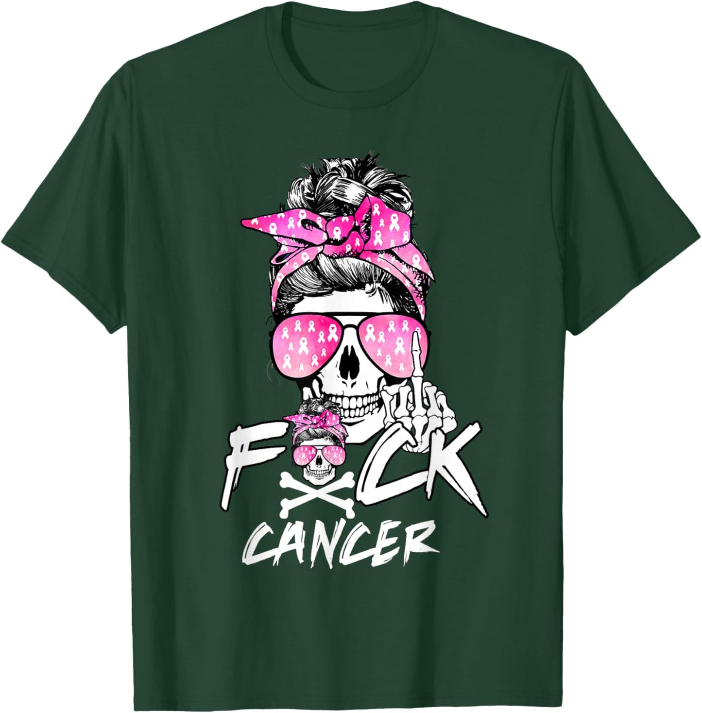 Fuck Breast Cancer Women Warrior Pink Ribbon Messy Bun Hair T-Shirt - T-Shirt | Forest