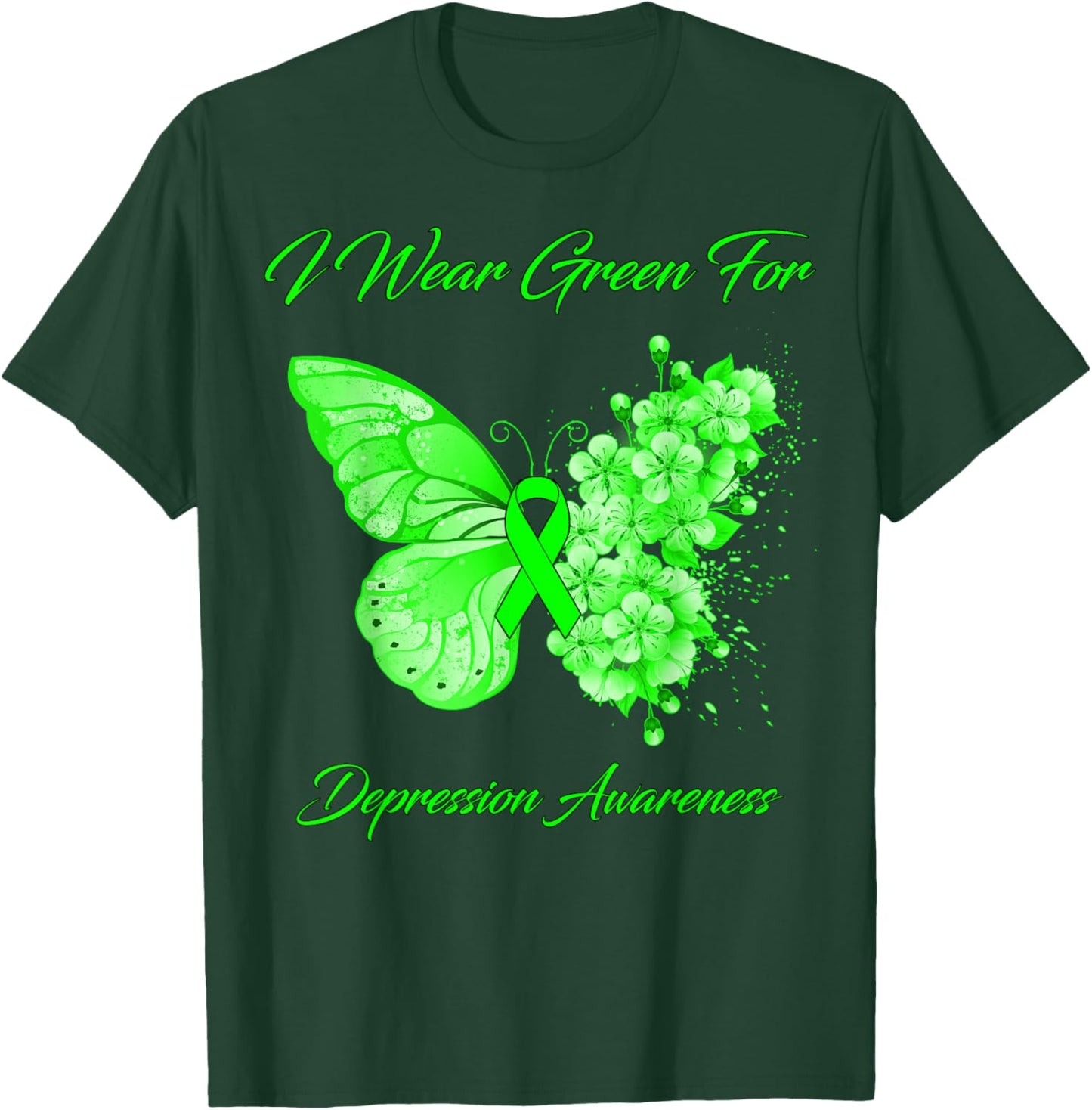 Butterfly I Wear Green For Depression Awareness T-Shirt - T-Shirt | Forest