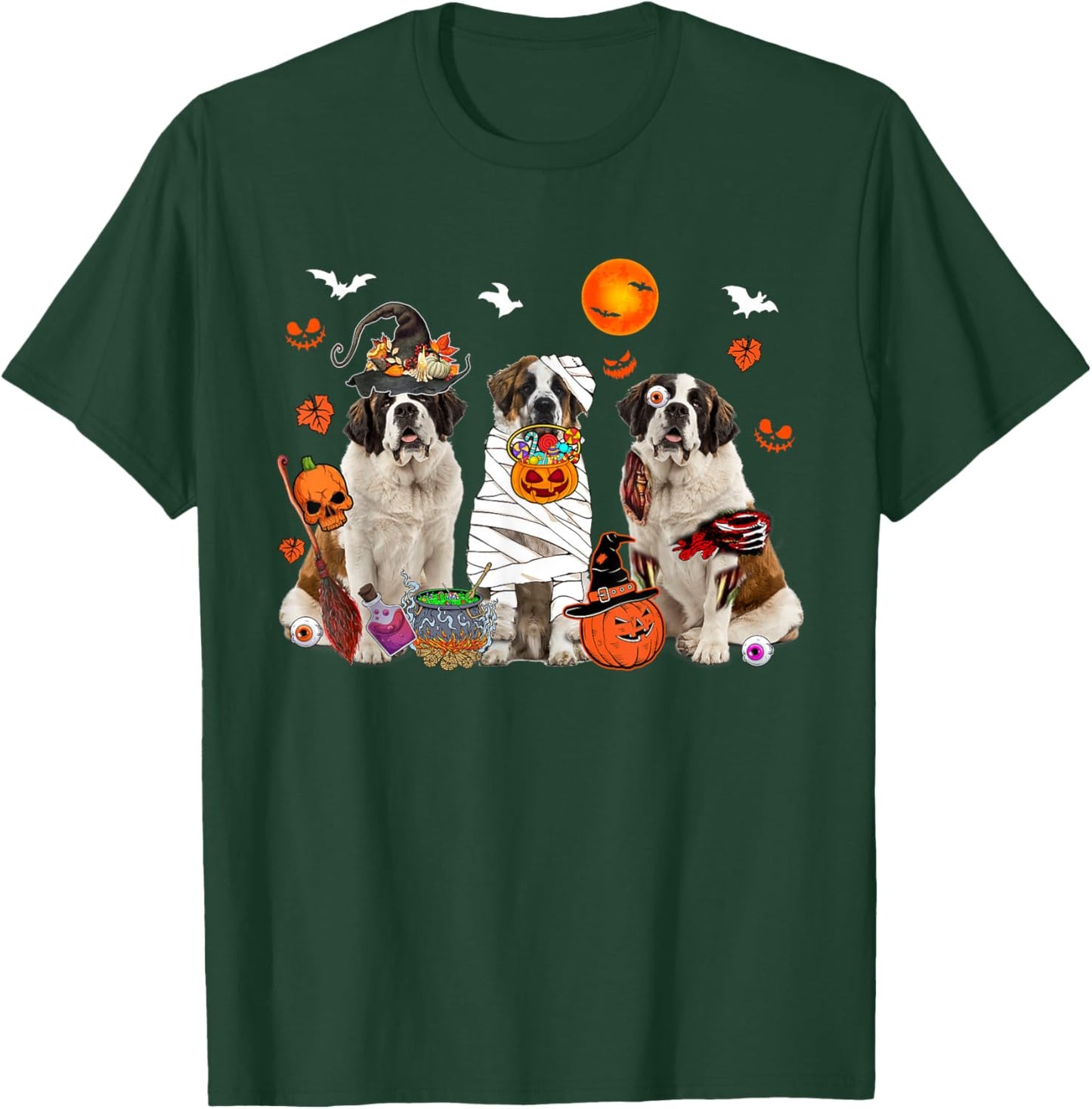 Three St. Bernard Dogs Witch Scary Mummy Halloween Zombie T-Shirt - T-Shirt | Forest