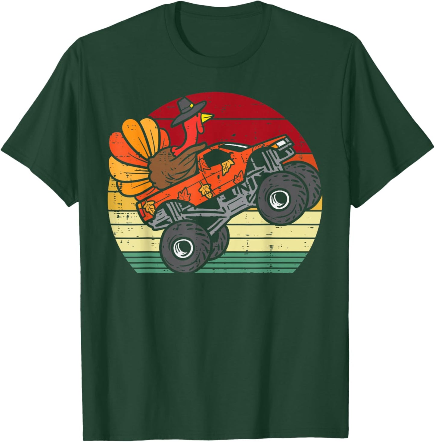 Monster Truck Turkey Sunset Retro Thanksgiving Boys Kids T-Shirt - T-Shirt | Forest