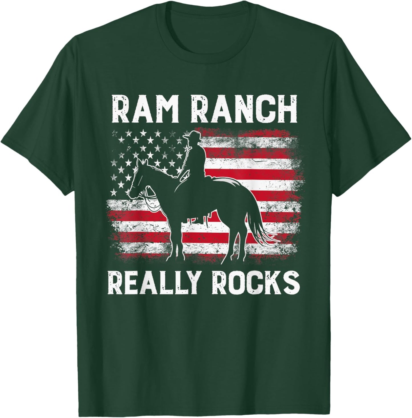 Ram Ranch Really Rocks Western Cowboy Horseback USA Flag T-Shirt - T-Shirt | Forest