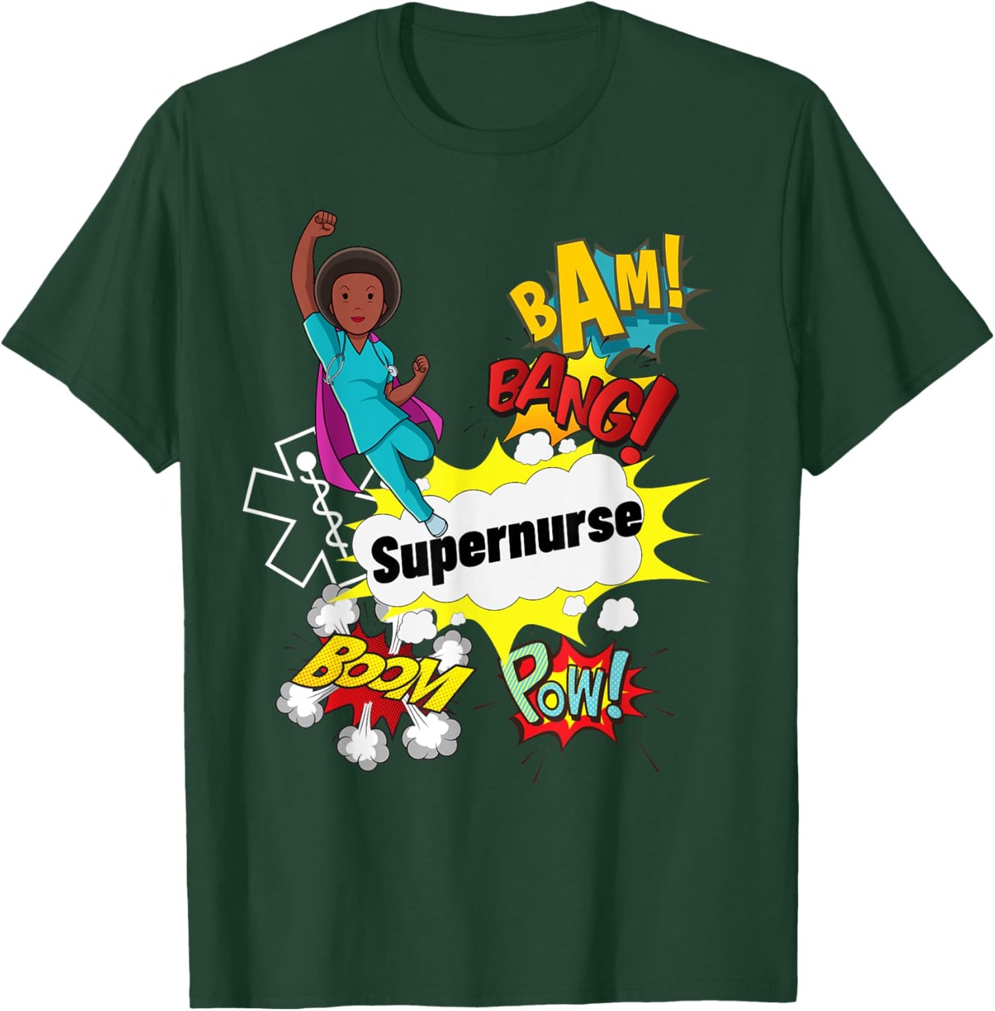 Supernurse Comic Superhero Style RN Black Woman Nursing Gift T-Shirt - T-Shirt | Forest