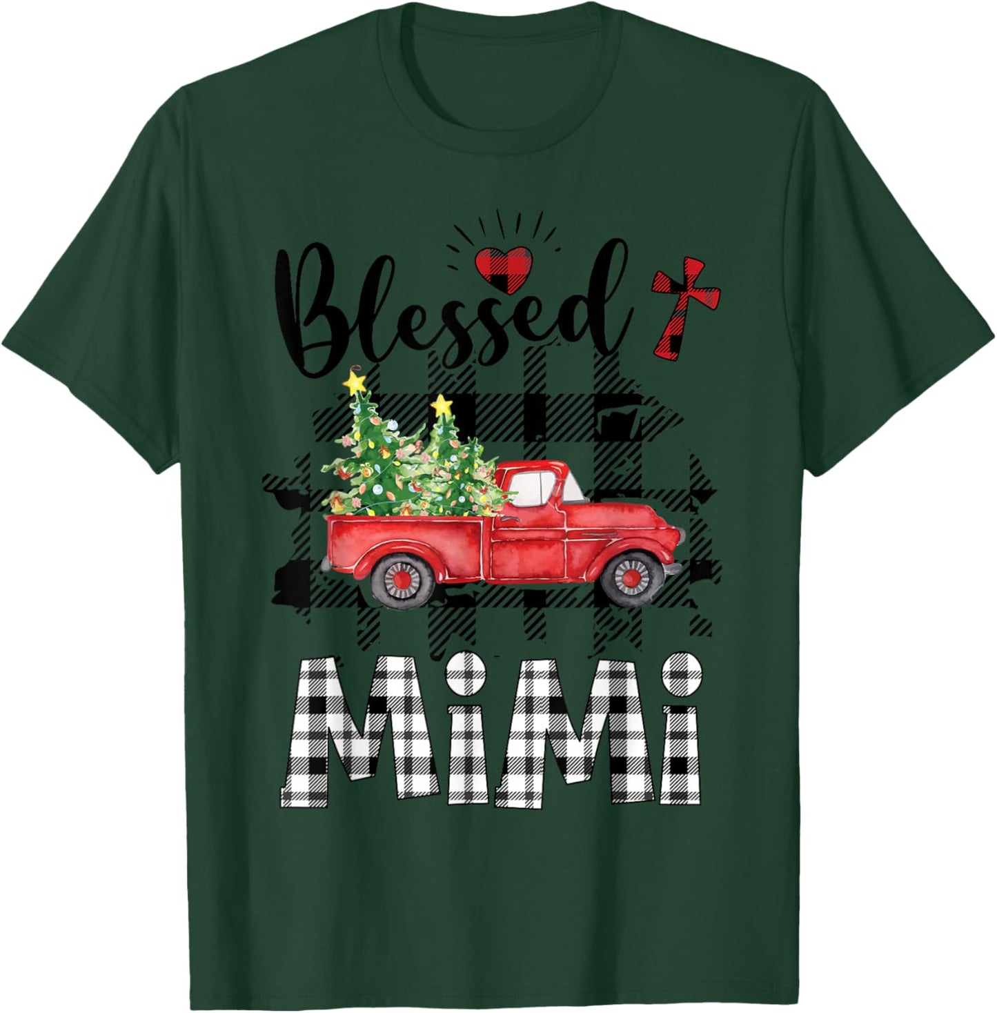 Funny Blessed Mimi Claus Buffalo Plaid Red Truck Christmas T-Shirt - T-Shirt | Forest