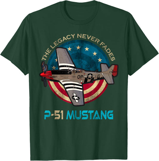 P-51 Mustang WW2 Fighter American Patriotic 4th of July Flag T-Shirt - T-Shirt | Forest