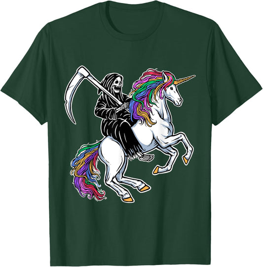 Grim Reaper Riding Unicorn Rainbow Skeleton Halloween T-Shirt - T-Shirt | Forest
