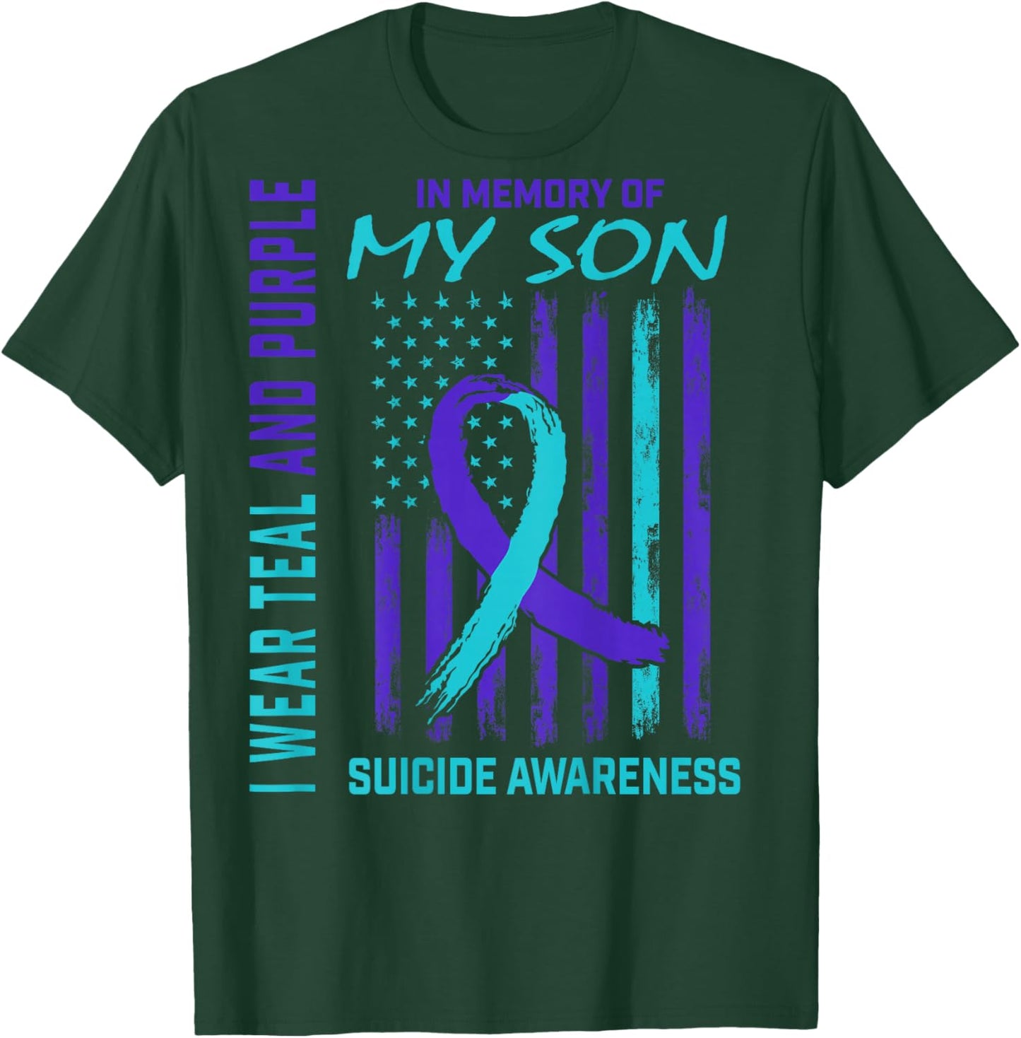 Teal Purple Ribbon Suicide Awareness USA Flag Son Back Print T-Shirt - T-Shirt | Forest