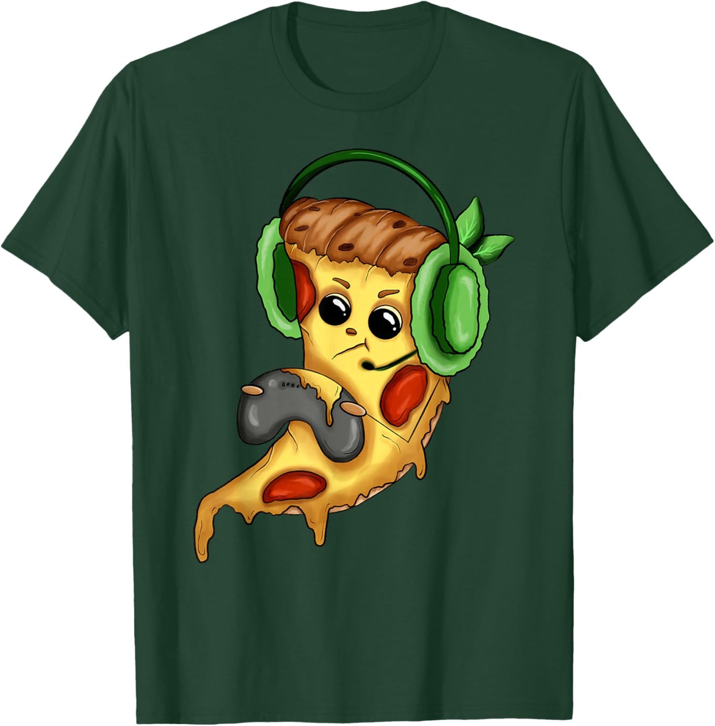 Pizza Gamer Love Play Video Games Funny Controller Headset T-Shirt - T-Shirt | Forest