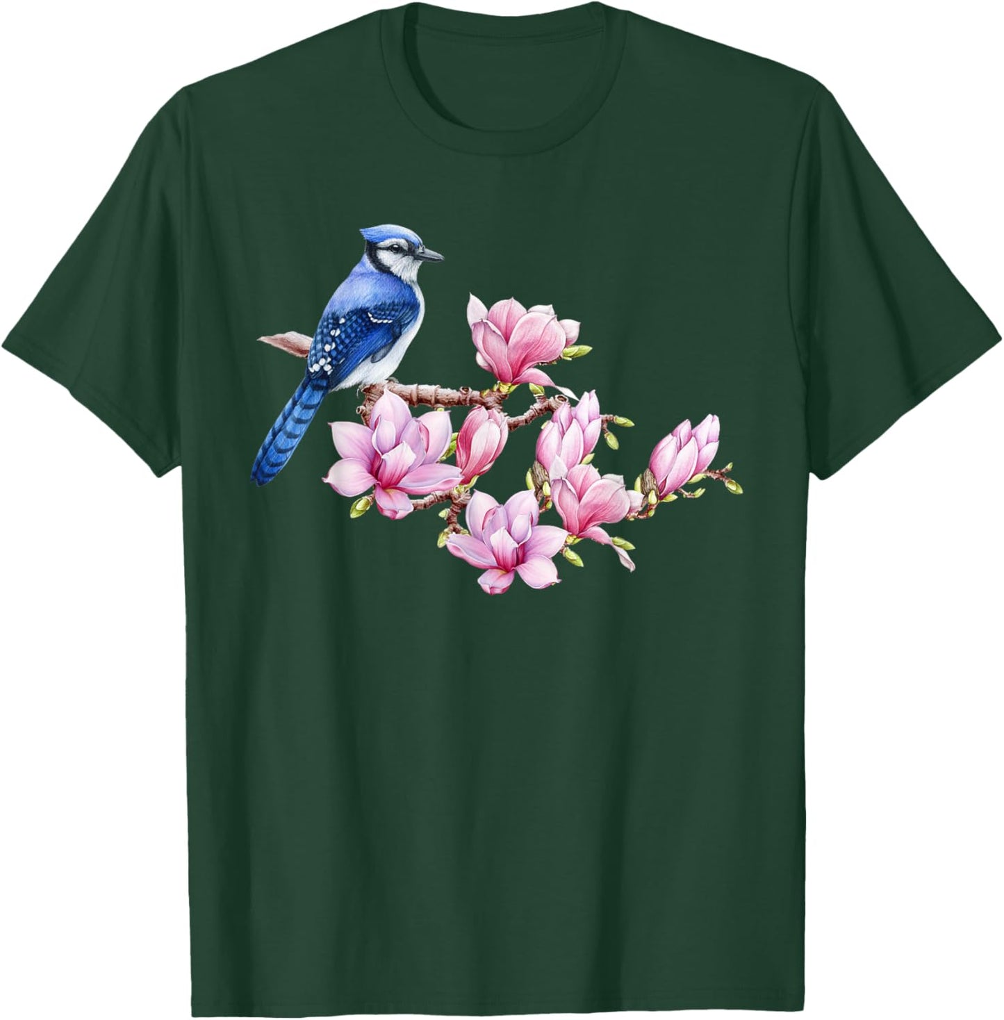 Blue Jay Bird on Magnolia - Watercolor Birding and Gardening T-Shirt - T-Shirt | Forest