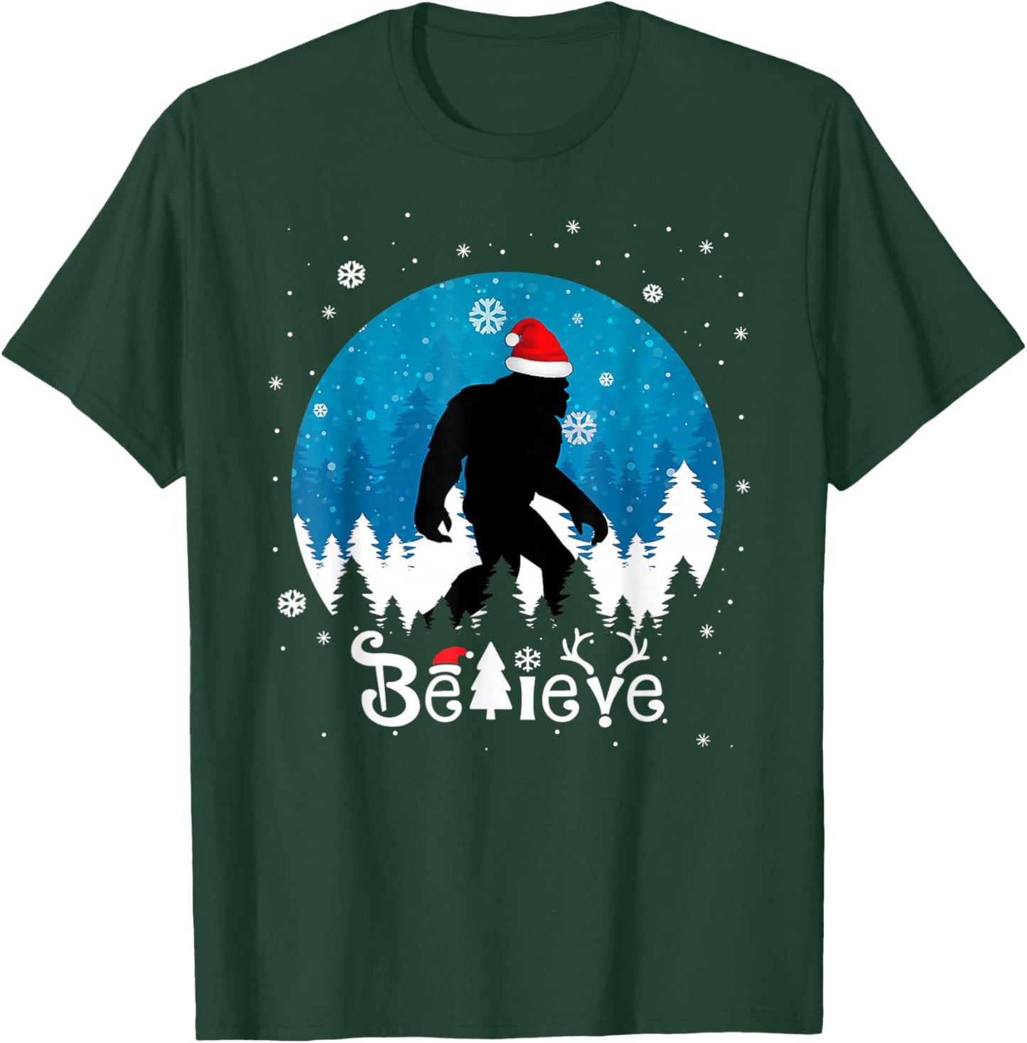 Funny Christmas Xmas Bigfoot Believe Sasquatch In Moon Light T-Shirt - T-Shirt | Forest