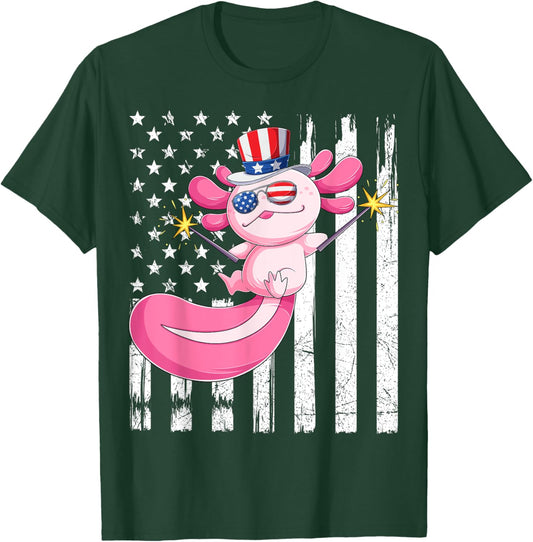 American Axolotl 4th Of July US Flag Patriotic Axolotl USA Women Kids Men T-Shirt - T-Shirt | Forest