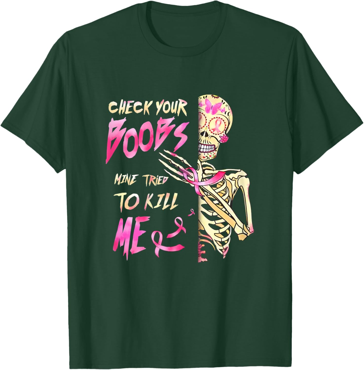 Breast Cancer Awareness Skeleton Check Your Boobs T-Shirt - T-Shirt | Forest