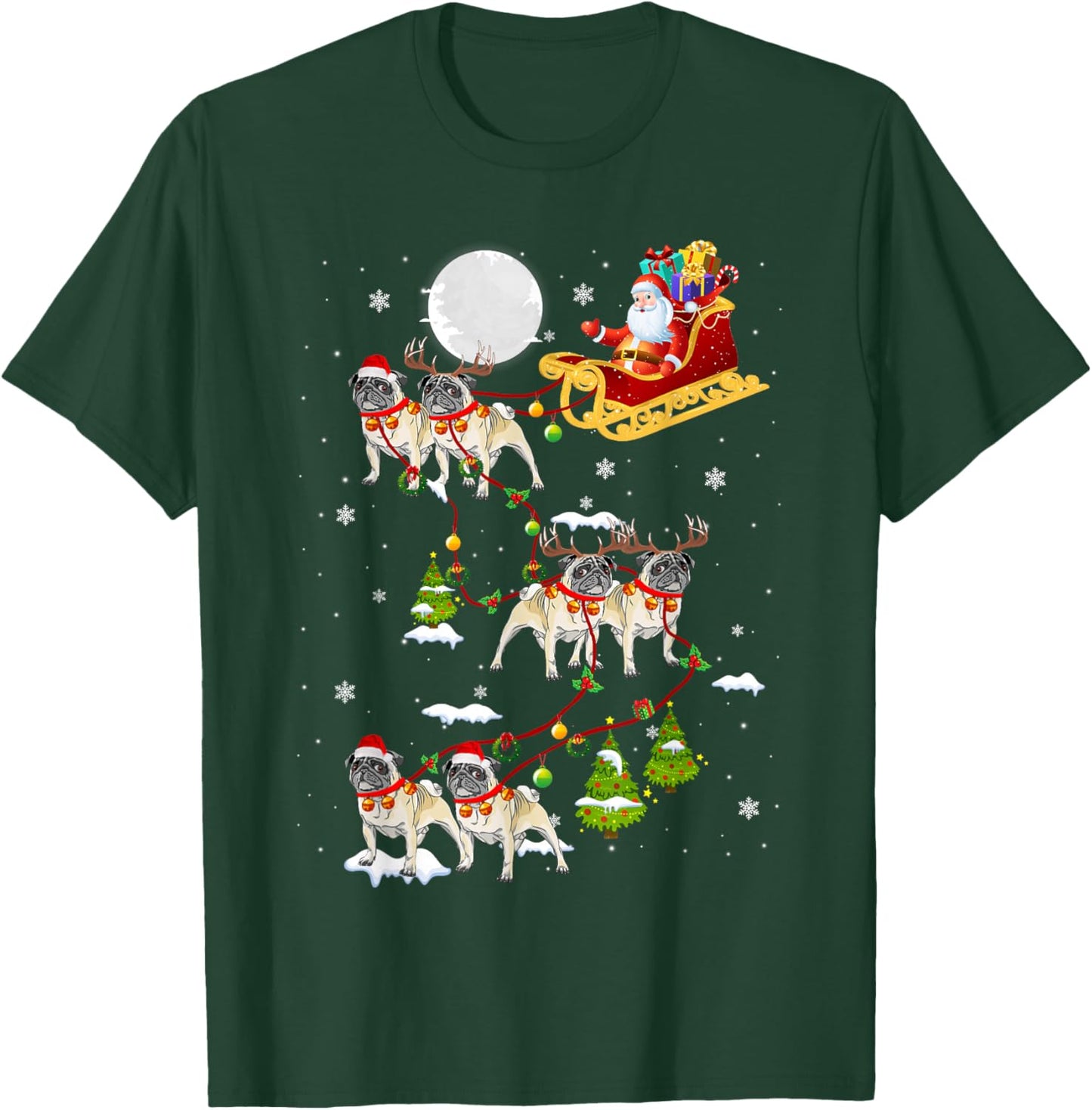 Santa Riding Pug Sleigh Christmas Pug Reindeer T-Shirt - T-Shirt | Forest
