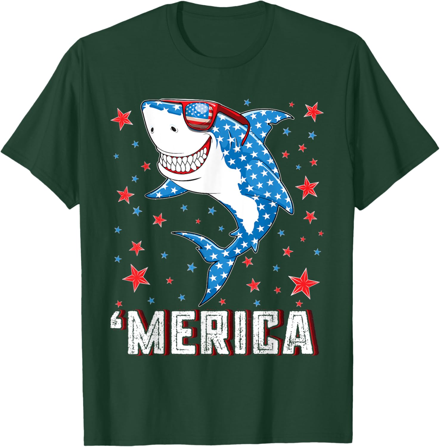 Shark 4th of July Boys Men Kids Youth Merica American Flag T-Shirt - T-Shirt | Forest