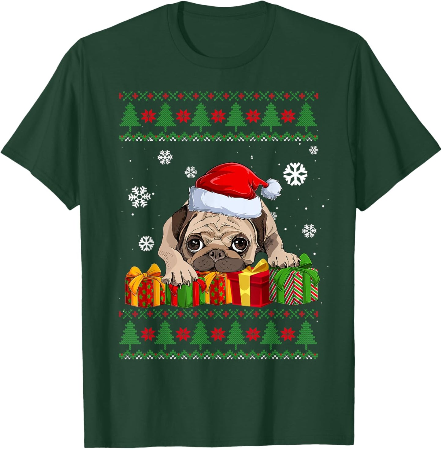 Funny Dog lovers Cute Pug Santa Hat Ugly Christmas Sweater T-Shirt - T-Shirt | Forest