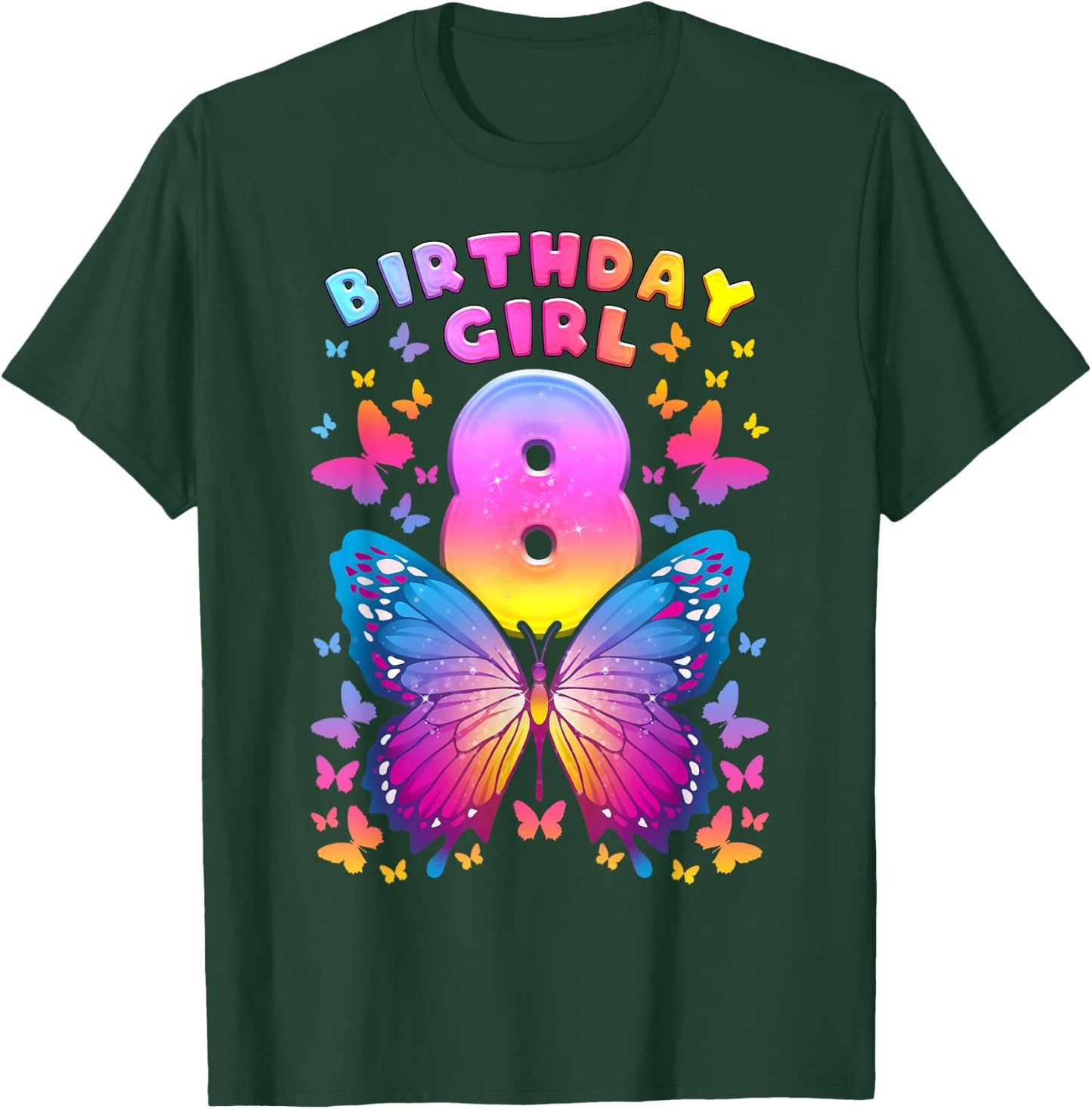 8th Birthday Girl 8 Years Butterfly Number 8 T-Shirt - T-Shirt | Forest