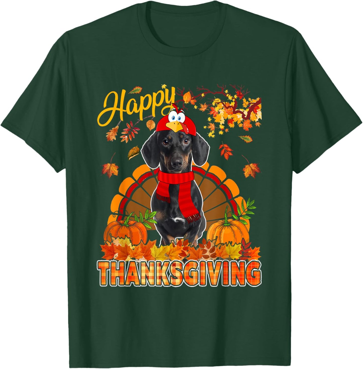 Thanksgiving Dachshund Wearing Turkey Costume Fall Leaves T-Shirt - T-Shirt | Forest