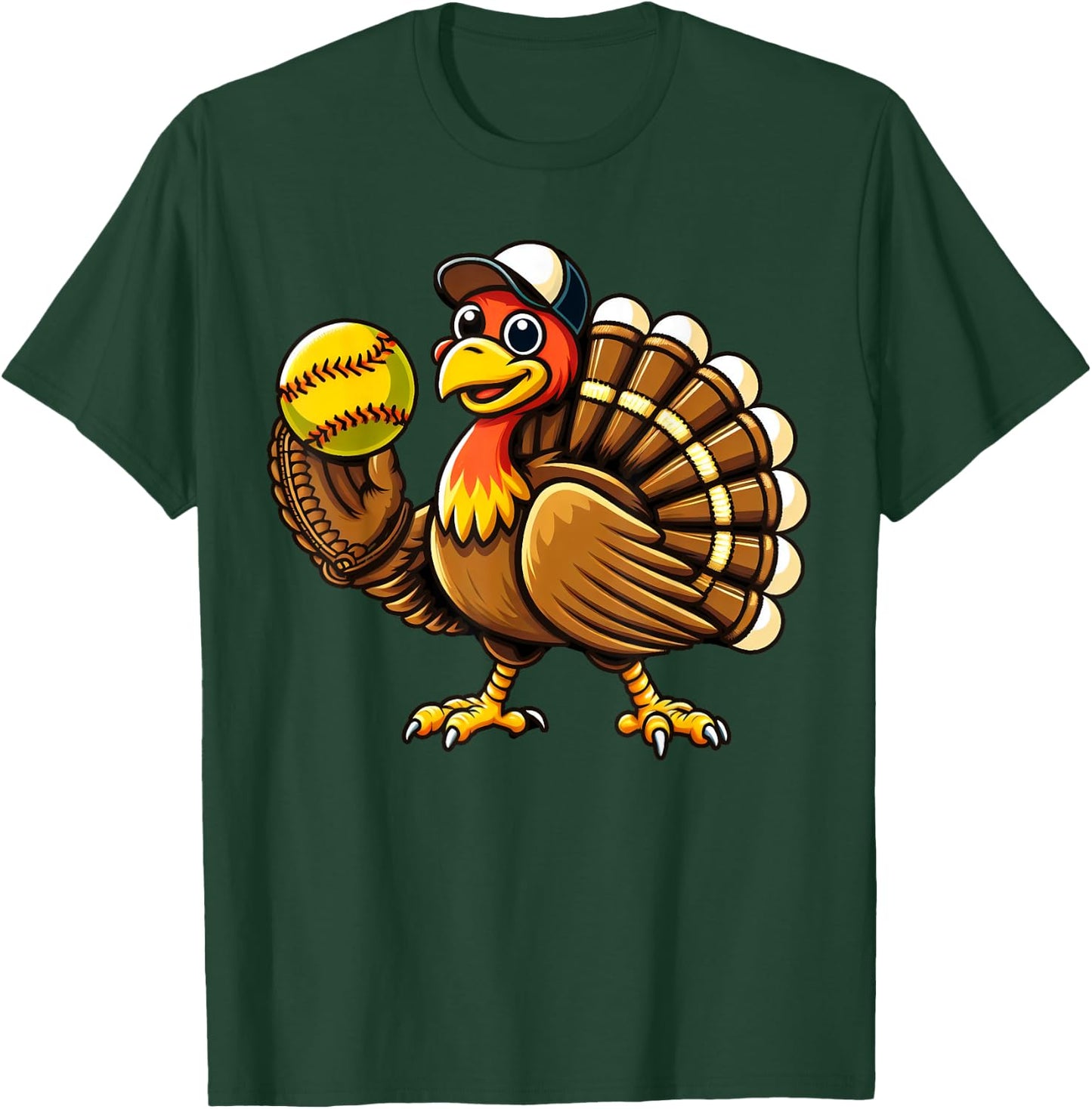Turkey Softball Thanksgiving Turkey Playing Softball Turkey T-Shirt - T-Shirt | Forest