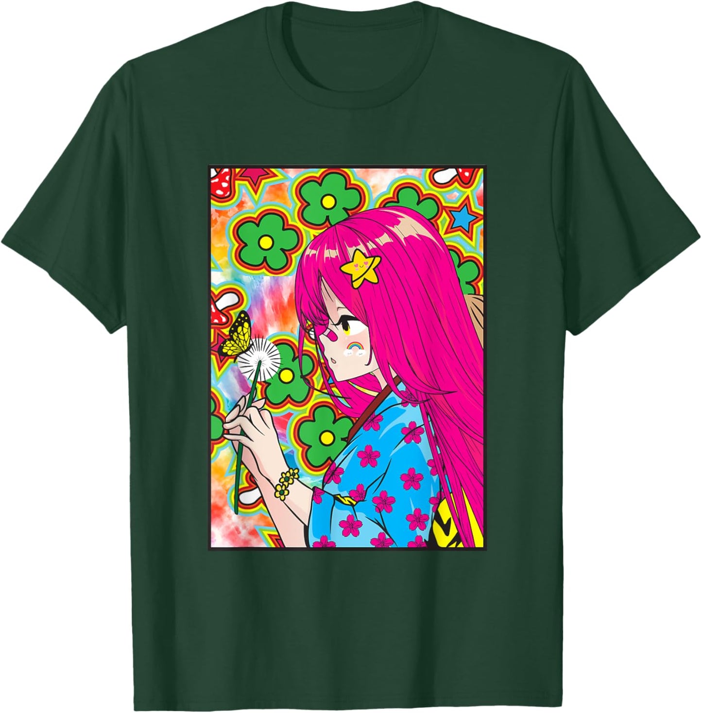 Kidcore Aesthetic Japanese Anime Girl Kawaii Flowers Old T-Shirt - T-Shirt | Forest