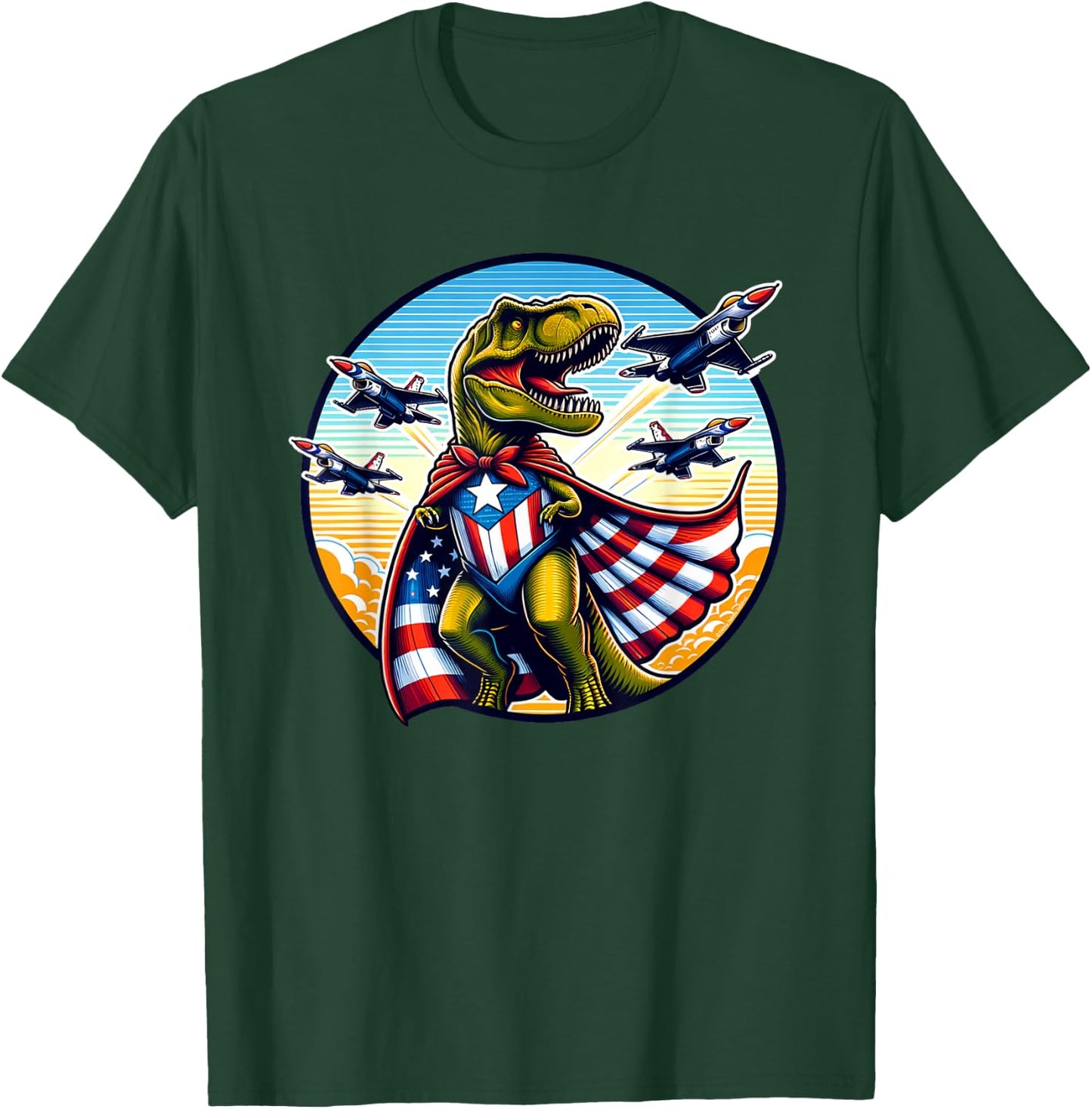 Amerisaurus T-Rex Patriotic Boys Girl 4th of July Flag Jets T-Shirt - T-Shirt | Forest