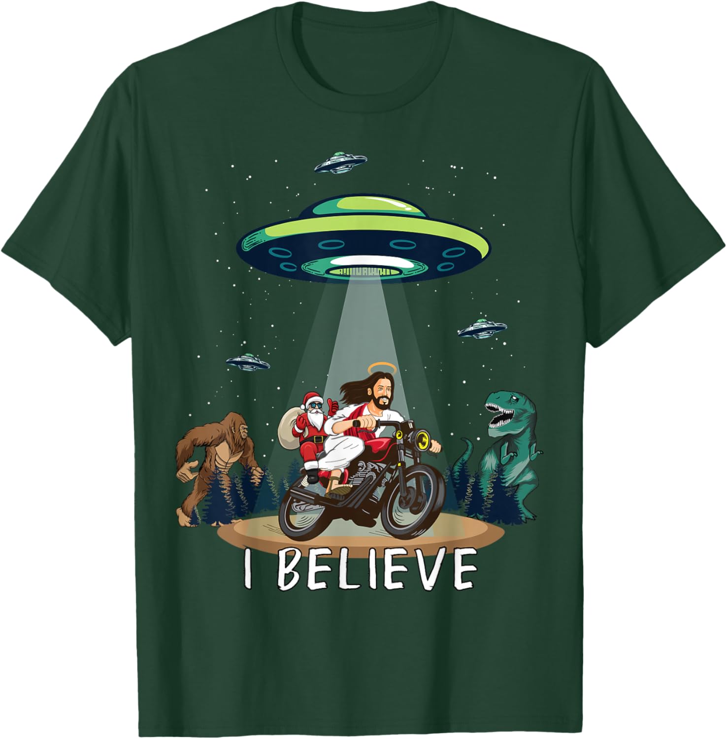 Believe Bigfoot Dinosaur Santa & Jesus Riding Bike Christmas T-Shirt - T-Shirt | Forest