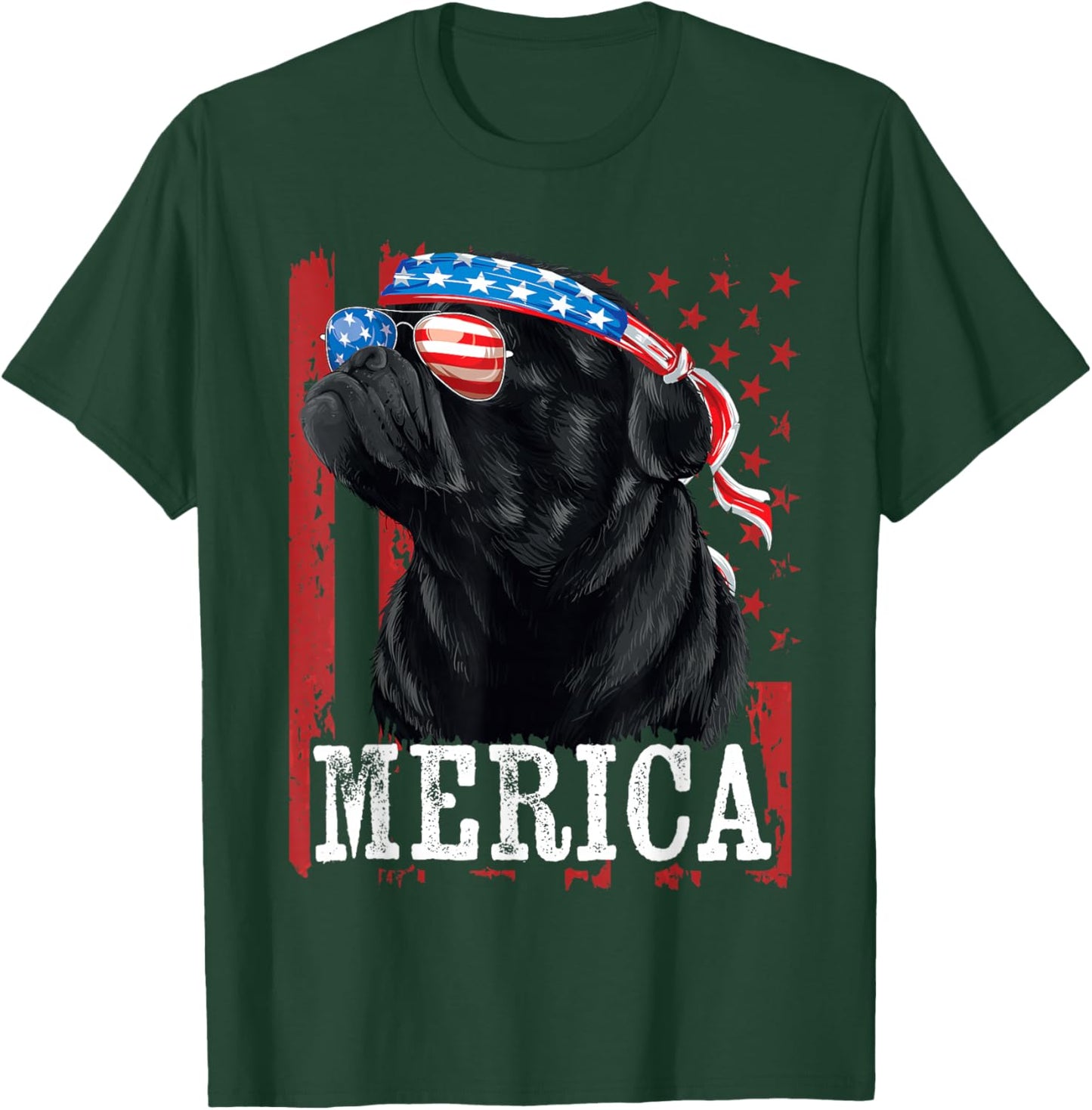 Funny Black Pug 4th of July Dog Mom Dog Dad Merica USA Flag T-Shirt - T-Shirt | Forest