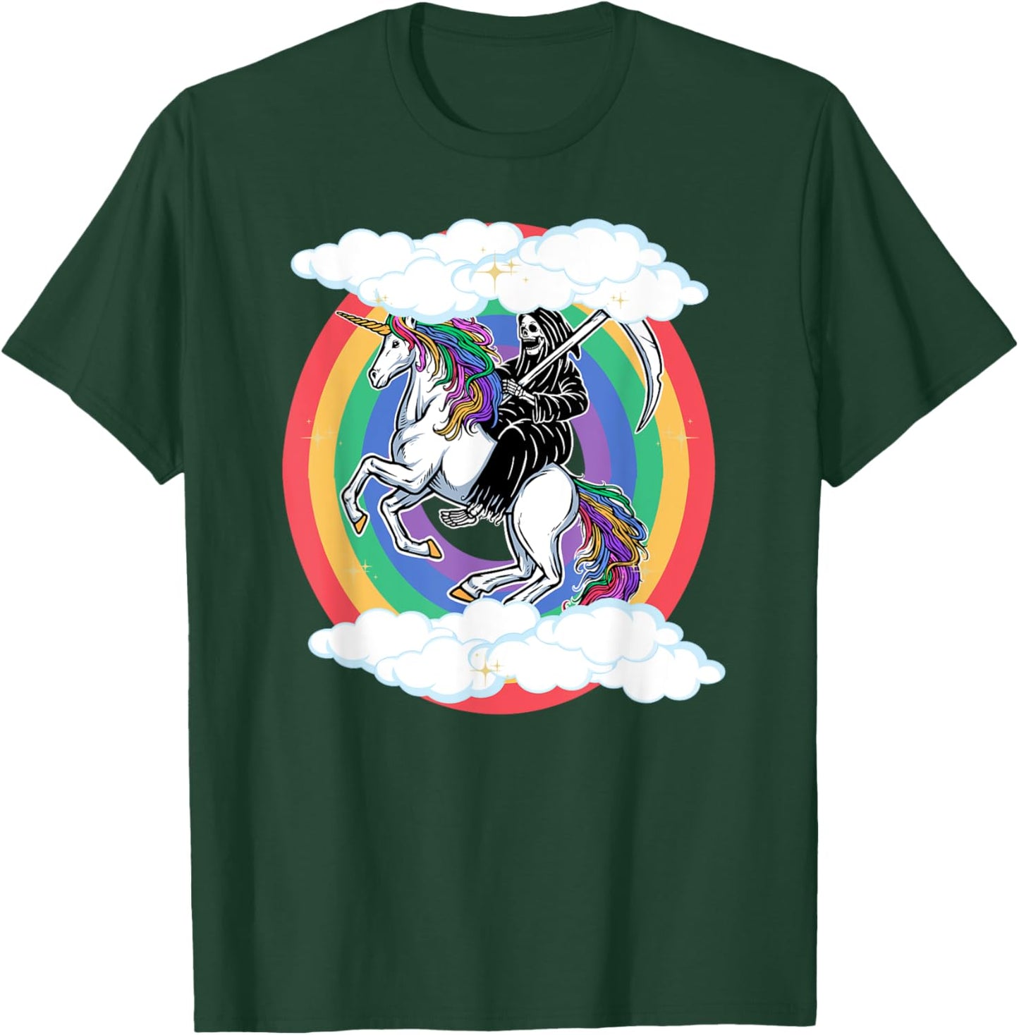 Skeleton Riding Unicorn Funny Unicorns Rainbow Lover Graphic T-Shirt - T-Shirt | Forest