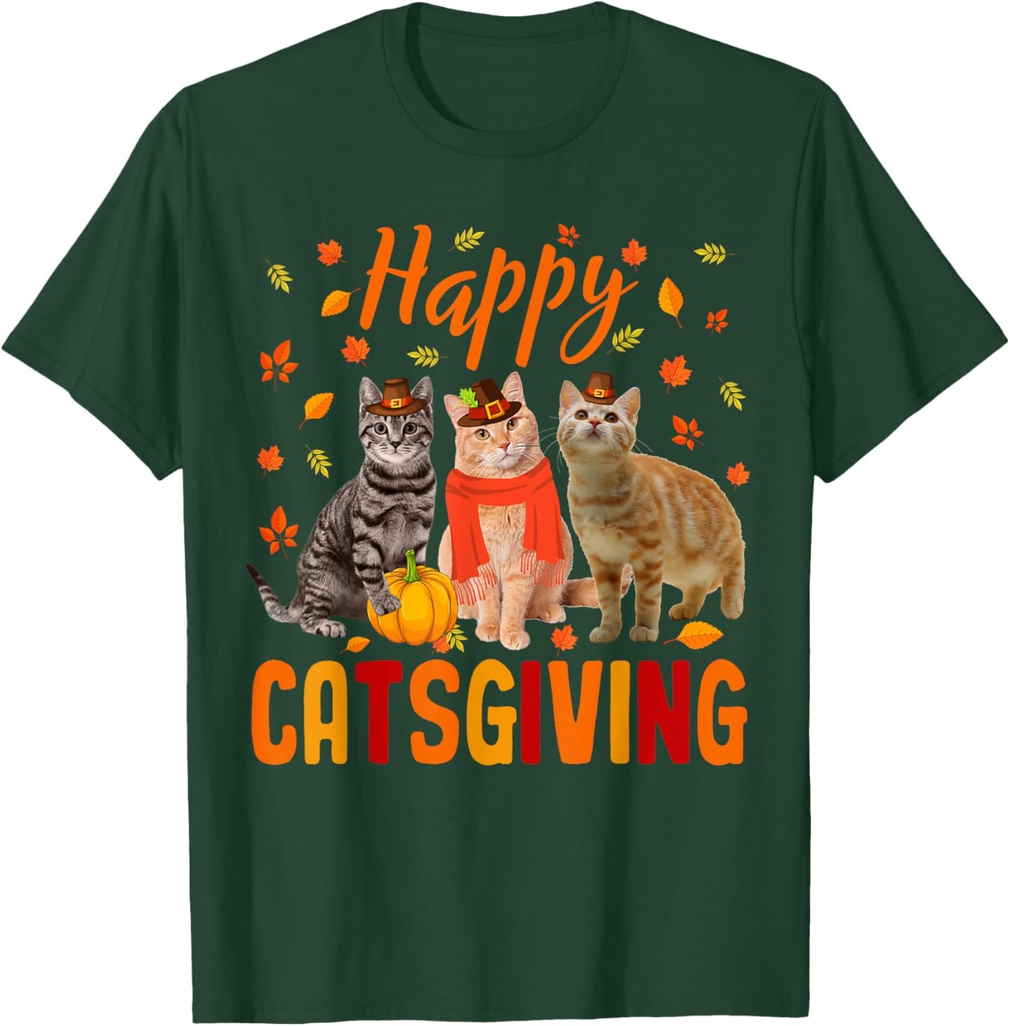 Happy Catsgiving Cute Thanksgiving Cat Wears Pilgrim Hat T-Shirt - T-Shirt | Forest