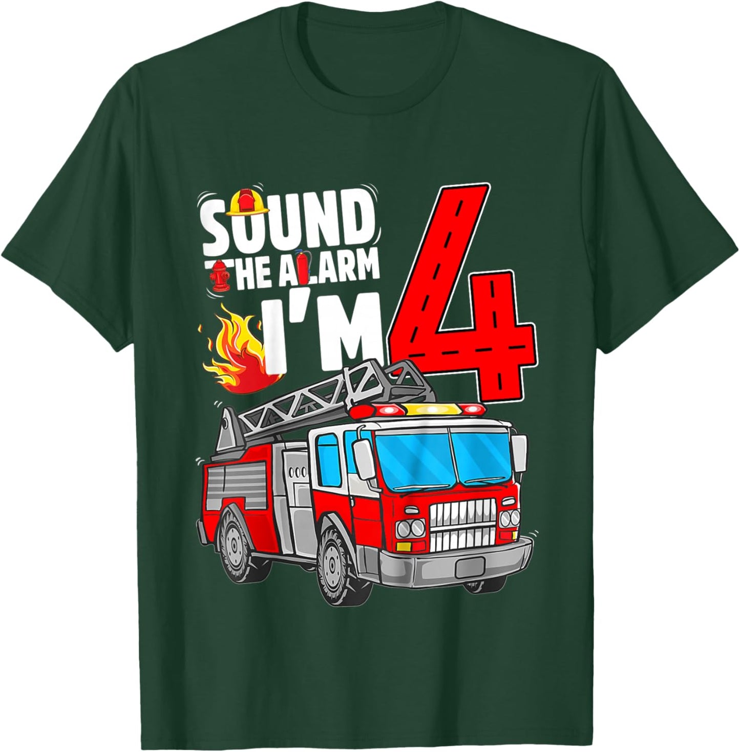 Kids Fire Truck 4th Birthday Boy Firefighter 4 Year Old T-Shirt - T-Shirt | Forest