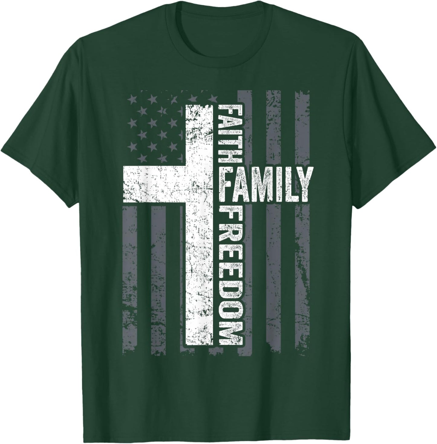 Faith Family & Freedom - Patriotic Christian USA Cross Flag T-Shirt - T-Shirt | Forest