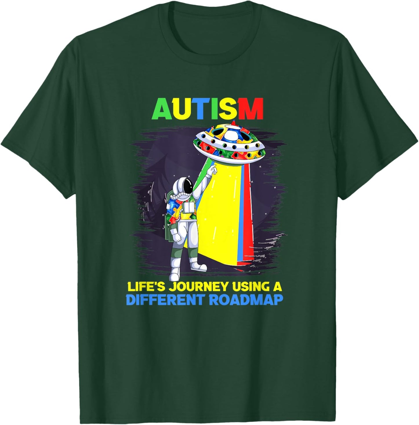 Cute Autism Astronaut Flying Saucer Life's Journey T-Shirt - T-Shirt | Forest