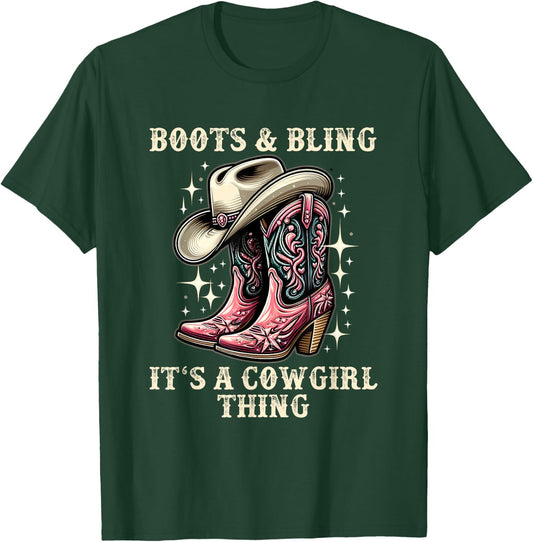 Boots And Bling Its A Cowgirl Thing Cowboy Hat Kids Cowgirls T-Shirt - T-Shirt | Forest
